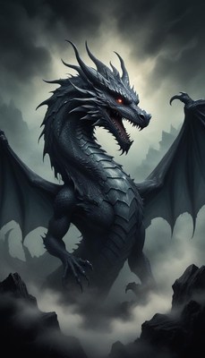 A black dragon stands on a mountain, wings spread wide