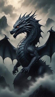 A black dragon stands on a mountaintop, surrounded by clouds
