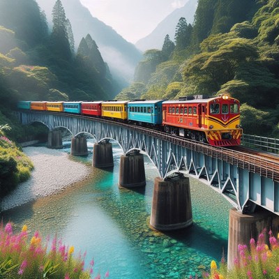 Colorful train crosses a bridge in the mountains