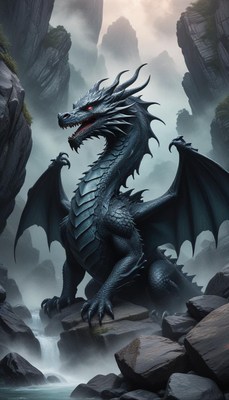 A black dragon perches on a rocky cliff