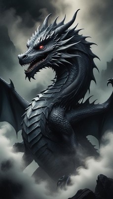 A black dragon stands amidst the clouds