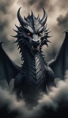 A black dragon soars through the clouds