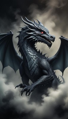 A black dragon soars through the clouds