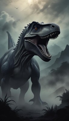 A tyrannosaurus rex roars in a misty prehistoric landscape