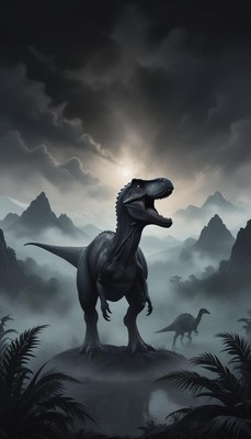 A t-rex roars in a misty prehistoric jungle