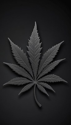 A single cannabis leaf sits on a black background
