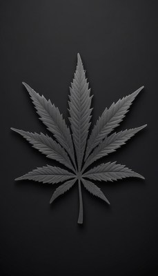 A black marijuana leaf sits on a dark surface