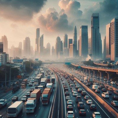 Traffic flows through a city at sunset