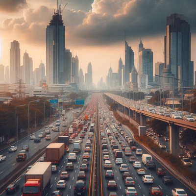 A long traffic jam in a big city at sunset