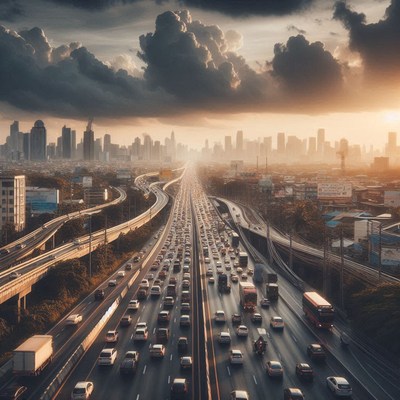 A highway stretches through the city at sunset