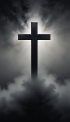 A black cross stands tall in the clouds