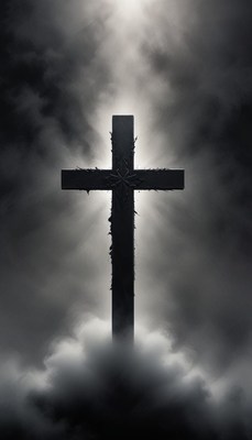 A tall, wooden cross stands in a foggy field