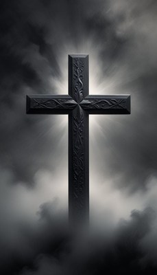 A carved wooden cross stands tall against a cloudy sky