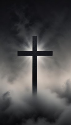 A cross stands tall against a dark, cloudy sky