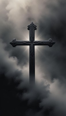 A dark cross stands tall against a cloudy sky