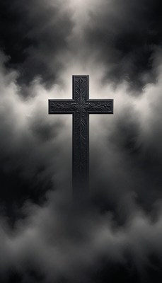 A dark cross stands tall against a cloudy sky