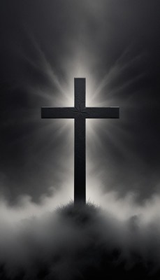 A black cross stands tall against a foggy sky