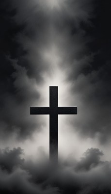 A black cross stands tall in a cloudy sky