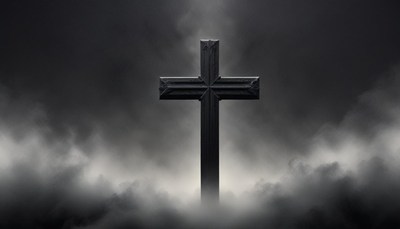 A black cross stands tall in a misty atmosphere
