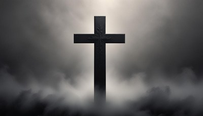 A black cross stands tall in a fog