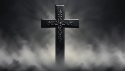 A black cross stands tall in the mist