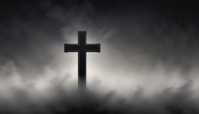 A black cross stands tall in the fog