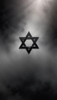 A black star of david against a cloudy sky