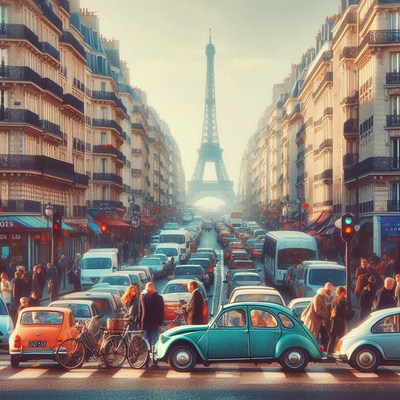 People cross a paris street by the eiffel tower