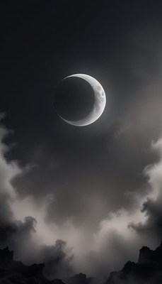 A crescent moon shines through the clouds at night