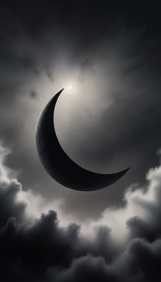 A crescent moon shines through dark clouds
