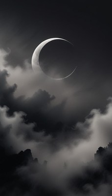 A crescent moon shines above a foggy landscape