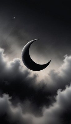A crescent moon shines through the clouds