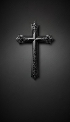 A black cross sits on a dark background
