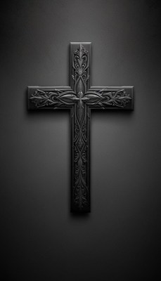 A carved wooden cross on a black wall