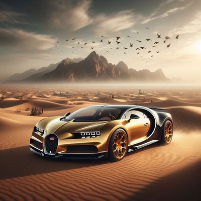A golden car sits in the desert