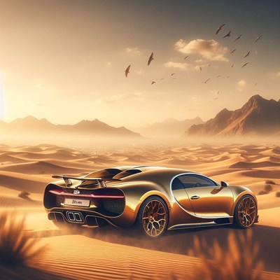 A golden car drives through the desert at sunset