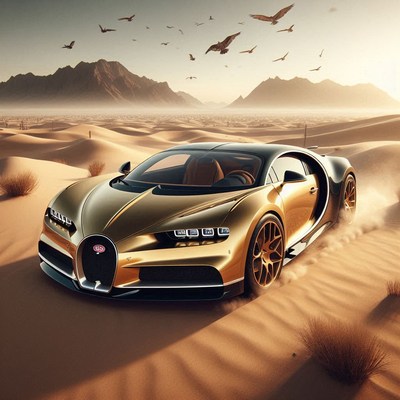 A golden sports car drives through a desert landscape