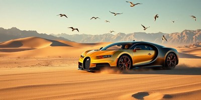 A gold car drives through the desert