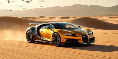 A gold sports car drives through the desert