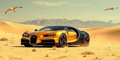 A gold sports car drives through the desert