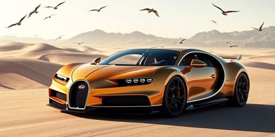 A gold sports car sits in the desert
