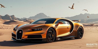 A golden car sits in the desert