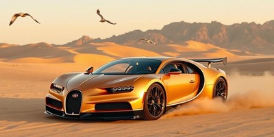 A gold sports car drives through the desert