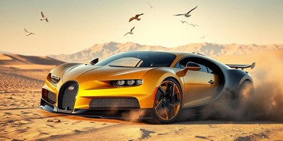 A yellow sports car speeds through the desert
