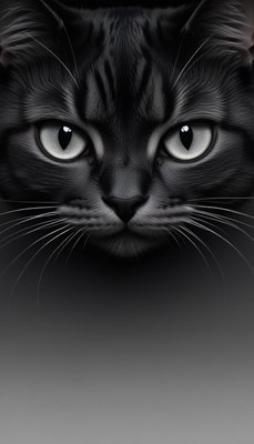 A black cat stares intently into the camera