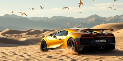 A yellow sports car drives through the desert