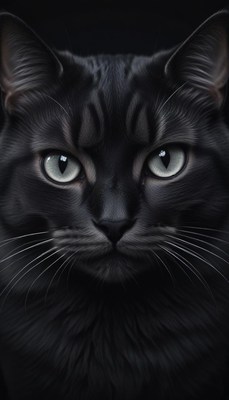 A black cat stares intensely into the camera