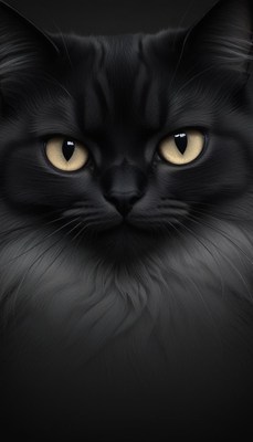 A black cat stares intently at the camera