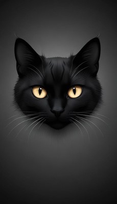 A black cat stares intensely at the camera