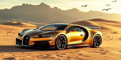 A golden sports car sits in the desert at sunset